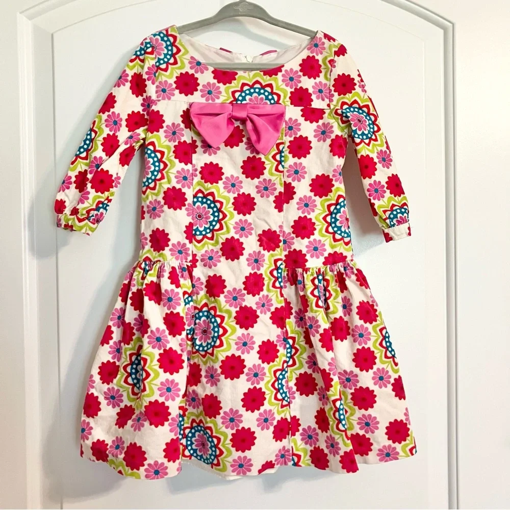 Bonnie Jean long-sleeve white corduroy floral pink bow‎ dress girls Sz 4T